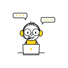 Man with headphones and microphone with laptop. Operator with phone call or chat to assist customer. Call center, online customer support concept. Vector stock illustration