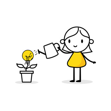 Woman is watering a tree with lightbulb with a watering can. Boy gardener grows plant. Idea for eco future, environment, electricity concept. Vector stock illustration