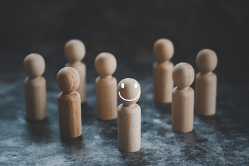HRM or Human Resource Management, Magnifier glass focus to manager icon which is among staff icons for human development recruitment leadership and customer target group concept.