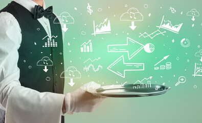 Handsome young waiter in tuxedo holding money icons on tray