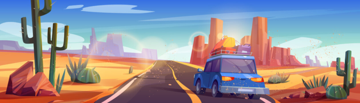 Car With Baggage On Top Driving Desert Road To Rocky Canyon. Cartoon Vector Illustration Of Sandy Wasteland Landscape With Cactus And Long Asphalt Highway Under Blue Sky. Family Travel For Weekend