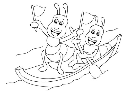 ant goes on a boat coloring page or book for kid vector