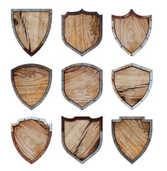 Wooden and metal shield protected steel icons sign set isolated on white background
