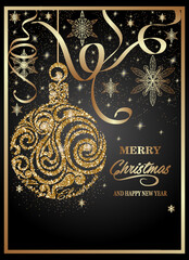 Christmas background with golden ball, stars and snowflakes. Christmas Greeting Card.