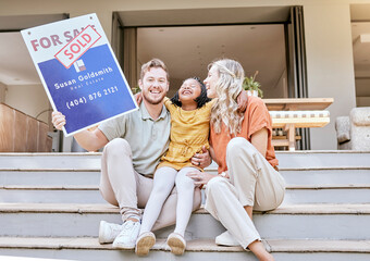Family, buy house and sold sign with a smile about property and new real estate sale. Portrait of a...