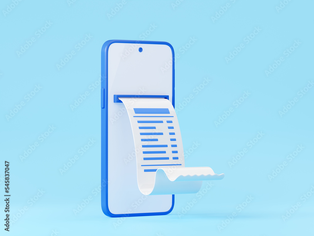 Poster 3d render smartphone with payment confirmation bill isolated on background. mobile banking app icon 