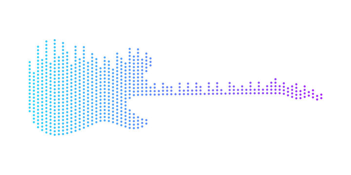 Electric guitar shape by equalizer strip dotted line pattern colorful gradient blue purple isolated on transparent background. Design element in concept music.