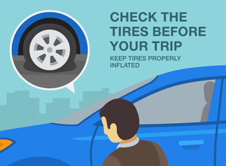 Safe driving tips and rules. Check your the tires before moving off from a stationary position. Keep tires inflated. Close-up of male driver looking at front tire. Flat vector illustration template.