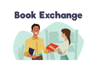 Book exchange and borrowing bookcrossing, flat vector illustration isolated.