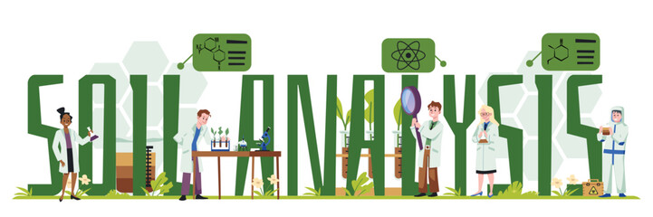 Soil analysis typographic header, flat vector illustration isolated on white background.