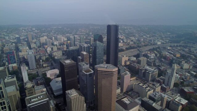 Aerial view of Seattle city downtown in Washington state.  Skyscrapers of Seattle from dronee view.
