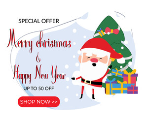 banner promotion special offer merry christmas and happy new year with cute santa claus chrsitmas tree and gifts
