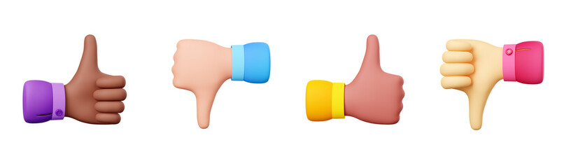 3D set of multiethnic thumbs up and down hands isolated on white background. Illustration of approval and disapproval, like and dislike gestures, palms with different skin tone. Web design elements