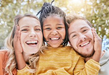 Girl, adoption and bonding parents in garden, nature park or sustainability backyard environment...