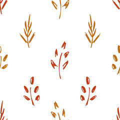 Simple vector geometric floral seamless pattern. Brown-orange dry autumn foliage on a white background. For fabric prints, textile products.