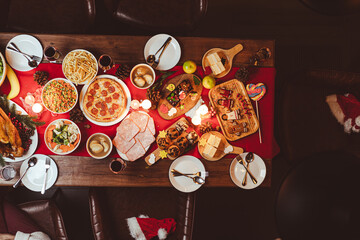 Table served for Christmas dinner. Top view.