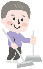 掃き掃除をするシニア男性のイラスト