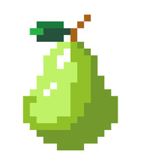 Ripe pear fruit with green leaf, pixels icons