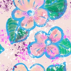 Seamless pattern with a texture of abstract flowers with leaves on a pink background for textile.