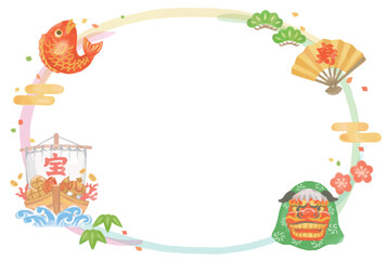 水彩風、お正月のイラストを使ったフレーム素材。ベクター素材。