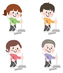 掃き掃除をする人物のイラストセット