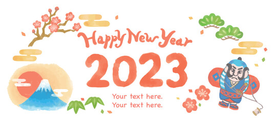 水彩風、お正月のイラストを使ったデザイン・テンプレート素材。ベクター素材。