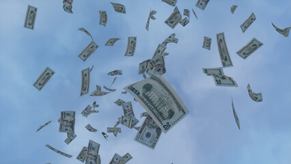 Money falling from the Sky. Twenty Dollar Bills against Overcast Sky backdrop. Finance concept.