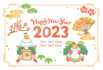 水彩風、お正月のイラストを使ったデザイン・テンプレート素材。ベクター素材。