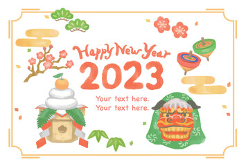 水彩風、お正月のイラストを使ったデザイン・テンプレート素材。ベクター素材。