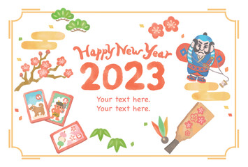 水彩風、お正月のイラストを使ったデザイン・テンプレート素材。ベクター素材。