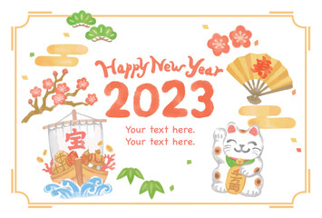 水彩風、お正月のイラストを使ったデザイン・テンプレート素材。ベクター素材。