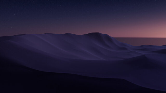Dusk Landscape, with Desert Sand Dunes. Beautiful Contemporary Background with Pink Gradient Starry Sky