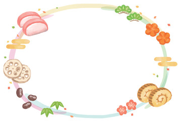 水彩風、お正月の食べ物を使ったデザイン・フレーム素材。ベクターイラスト。