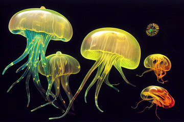 Colorful acid Jellyfish moving in water. 2d illustration