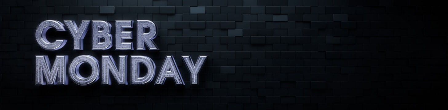 Cyber Monday Banner with Mosaic, Glossy 3D Text against Offset Rectangle tiles. Luxury Background with copy-space.