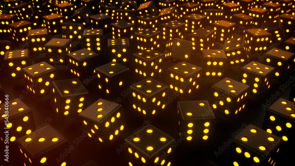 Poster many red and yellow game of chance dices bg - abstract 3d rendering