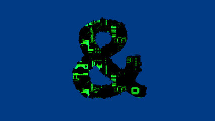 ampersand - hi-tech cyber punk black and green alphabet on blue, isolated - object 3D rendering
