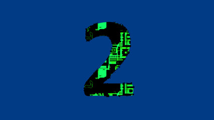 number 2 - high tech cyberpunk black and green alphabet on blue, isolated - object 3D rendering