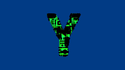 letter Y - high tech cyberpunk black and green alphabet on blue, isolated - object 3D illustration