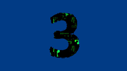 number 3 - high tech cyber punk black and green alphabet on blue, isolated - object 3D illustration