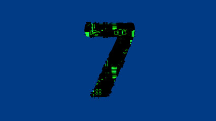 number 7 - high tech cyberpunk black and green alphabet on blue, isolated - object 3D illustration