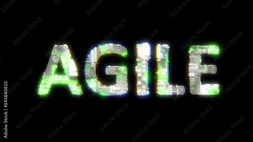 Poster cybernetic text agile with chromatic aberrations and glitch effects, isolated