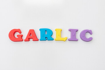 Magnetic letter GARLIC word on a white isolated background