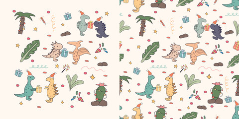 Set of hand drawn isolated doodle objects and seamless pattern with cute christmas dinosaurs.
Includes colorful cartoon dinosaurs, a garlanded palm and cactus, and plants. Children's pattern.
