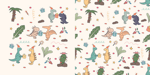 Obraz premium Set of hand drawn isolated doodle objects and seamless pattern with cute christmas dinosaurs. Includes colorful cartoon dinosaurs, a garlanded palm and cactus, and plants. Children's pattern.