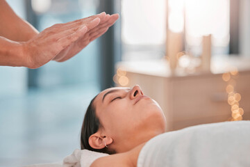 Hands, relax woman or reiki spa for headache pain relief, depression healing or stress management in healthcare wellness or holistic clinic. Man, energy healer or mind chakra aura cleanse on patient - obrazy, fototapety, plakaty