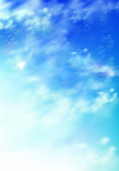 Realistic sky, blue heaven with white soft fluffy clouds abstract natural background. Tranquil cloudscape view, vivid fantasy vertical backdrop, beautiful skyey paradise, 3d vector illustration
