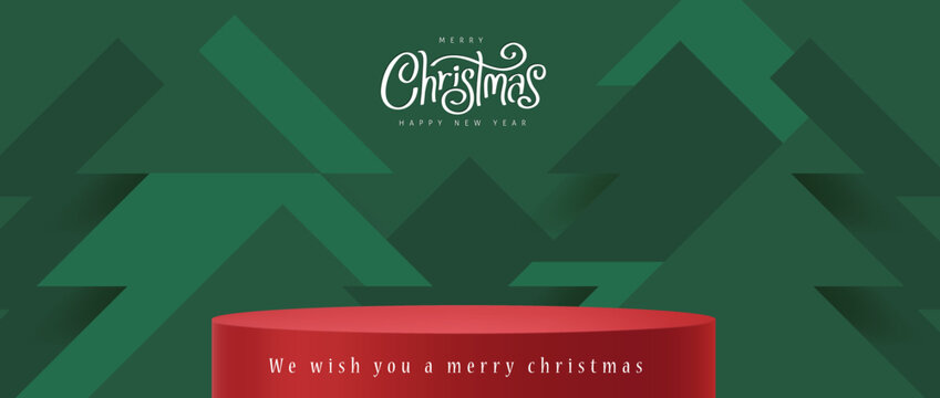 Christmas banner with red product display and Christmas tree abstract background
