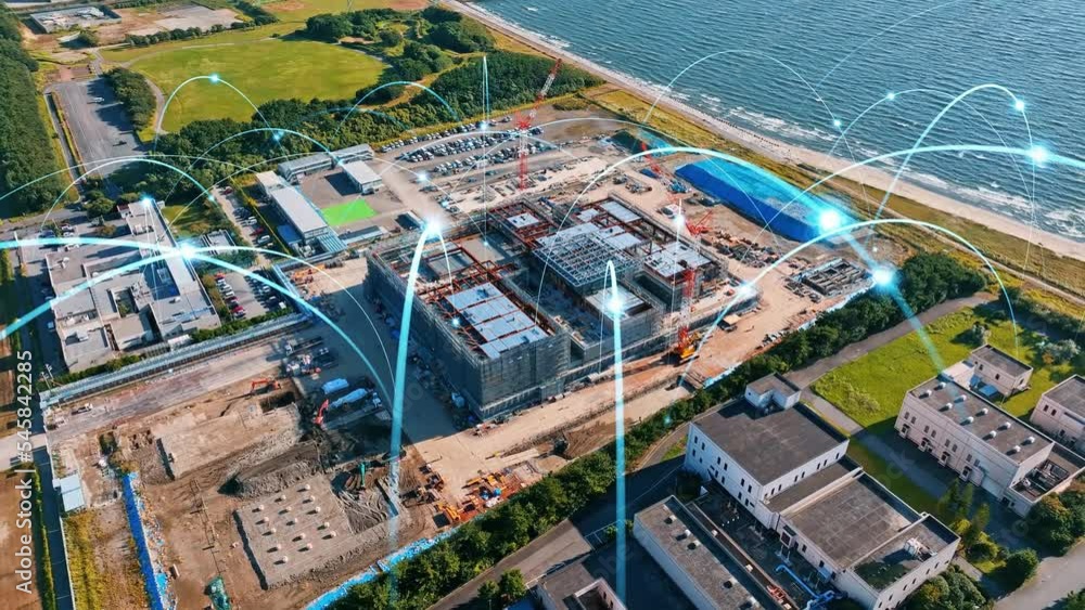 Poster modern construction site and wireless communication network concept. smart factory. industrial inter