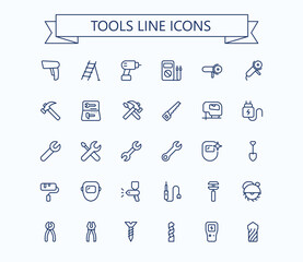 Tools line vector icons. Working tools icon set. Editable stroke. 24x24 grid. Pixel Perfect.